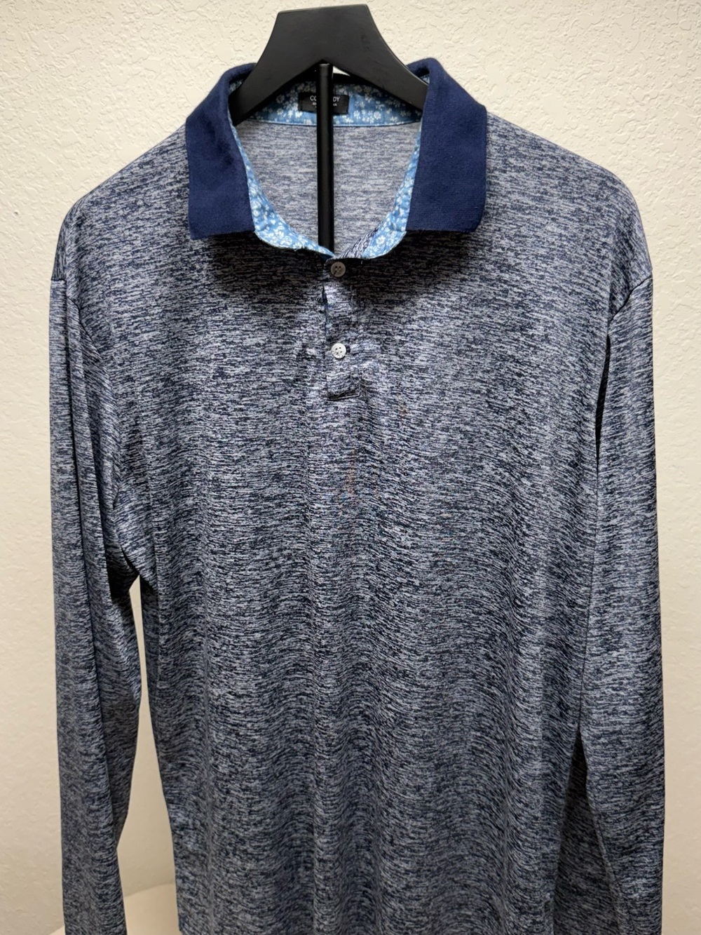 Long-Sleeve Navy Marled Polo with Contrast Collar